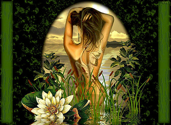 Emerald Beauty, fantasy, emerald green, garden, flowers, girl, woman, female, pond HD wallpaper