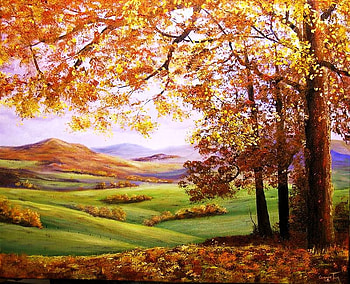 Rolling hills, leaves, hills, branches, oak tree, autumn, grass, country HD wallpaper