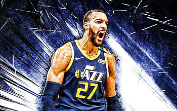 Rudy Gobert, grunge art, Utah Jazz, NBA, basketball, Rudy Gobert-Bourgarel, Rudy Gobert Utah Jazz, blue abstract rays, Rudy Gobert HD wallpaper