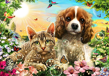 Buddies, dog, artwork, pup, cub, painting, kitty, flowers HD wallpaper