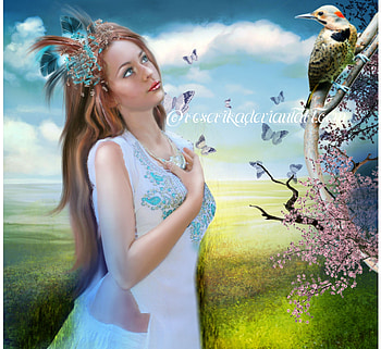 ~Butterflies Flutter Gently~, emotional, plants, gentle, colors, butterflies, animals, trees, adorable, female, sweet, bird, eyes, flying, grass, fantasy, pretty, fields, face, models, hair, lovely, softness, feathers, cute, digital art, lady, lips, flutter, wings, beautiful, manipulation, cool, clouds, girls, sky, flowers, women HD wallpaper