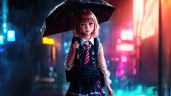 Little Girl With Umbrella Rain Coming Back From School, little-girl, umbrella, rain, artist, artwork, digital-art, deviantart HD wallpaper