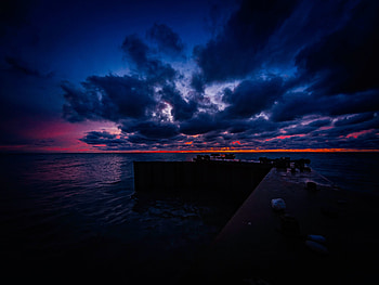 Pier, clouds, sunset, sea, dark HD wallpaper
