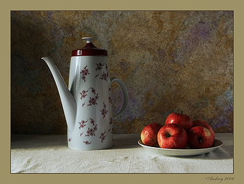 still life 1, table, beautiful, simply, red apples, teapot HD wallpaper