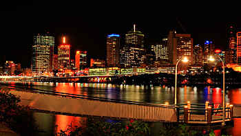city river view at night, river, skyscrapers, city, lights, ramp HD wallpaper