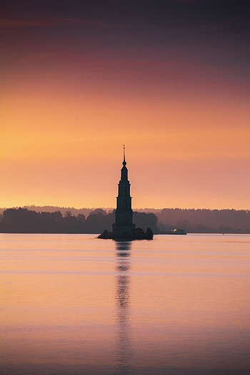 Tower, silhouette, lake, sunset HD phone wallpaper