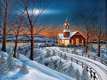 Evening service, winter, frost, scene, art, cold, service, beautiful, church, painting, snow, sky, cottage, evening, countryside HD wallpaper