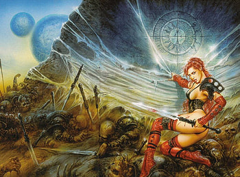 Luis Royo, sexy, sword, beautyfull, woman, death, war, fear, red, sky, blood, warrior, deads HD wallpaper