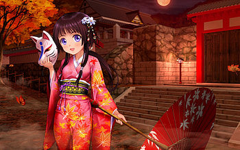 Girl Kimono Umbrella Majestic Anime HD wallpaper
