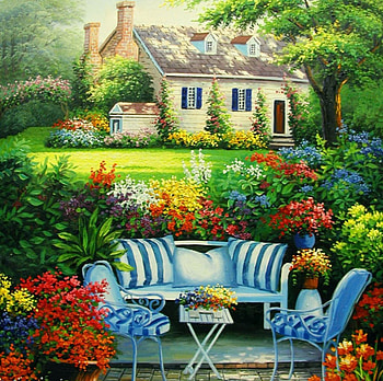 Garden, chairs, abstract, painting HD wallpaper