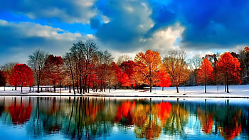 Autumn reflection, Sky, Art, Clouds, Trees HD wallpaper