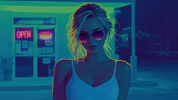 Open Til Midnight, neon, girl, glasses, artist, artwork, art, digital-art, ai, deviantart HD wallpaper