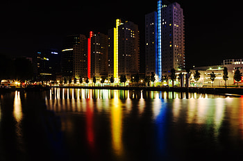 Cities, City, Building, Reflection, Multicolored, Motley, Backlight, Illumination, Embankment, Quay HD wallpaper