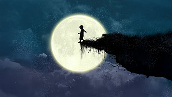 Child Silhouette With Moon, child, moon, cliff, artist, artwork, art, digital-art, artstation HD wallpaper