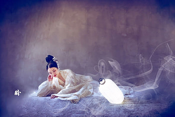 Beauty, blue, model, asian, light, lantern, girl HD wallpaper