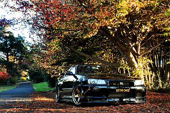 Autumn, Nissan Skyline R34 HD wallpaper