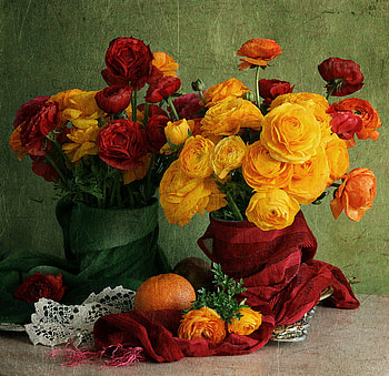 still life, bouquet, gentle, graphy, lace, nice, flower, fruit, , elegantly, peony, kiwi, beautiful, orange, old, pretty, green, yellow, red, cool, flowers, lovely, harmony HD wallpaper