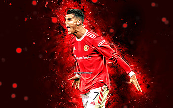 Cristiano Ronaldo, , goal, Manchester United, red neon lights, football stars, CR7, joy, Manchester United FC, Cristiano Ronaldo , Cristiano Ronaldo Manchester United, CR7 Man United HD wallpaper