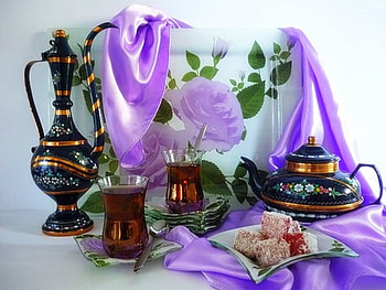 Arrangement with Oriental tea pots, color, graphy, tea, arrangement, silk, purple, oriental pots, still life, abstract, glasses HD wallpaper