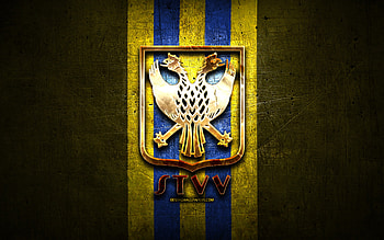 Sint-Truidense FC, golden logo, Jupiler Pro League, yellow metal background, football, belgian football club, Sint-Truidense VV logo, soccer, Sint-Truidense VV HD wallpaper