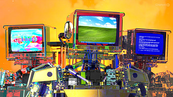 Chiptos X 3D Robot CRT TV Head Monitor NFT Background Amber Windows XP HD wallpaper