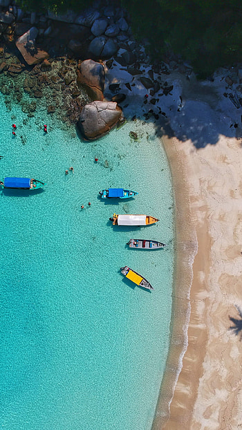 Aerial view graphy, Seashore boats, wonder, Ocean escape HD phone wallpaper