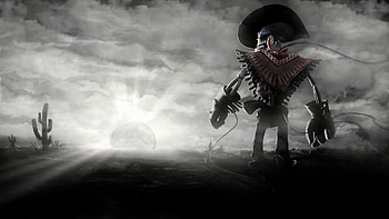 Cowboy-skeleton-sunset-sun-cactus-dark-skull- HD wallpaper