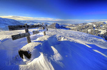 Cold bench, blue, bench, sky, snow HD wallpaper