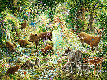 wood fairie, fairies, fantasy, wood, animals HD wallpaper