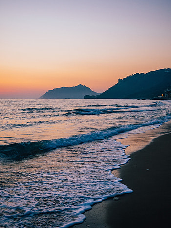 Gorfu, beach, dawn, Greece, sea waves HD phone wallpaper
