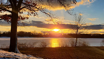 Late Winter Sunset, Akron Ohio, river, trees, clouds, sky, water, sun, usa, reflections HD wallpaper