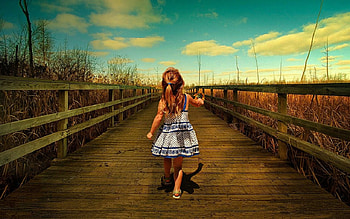 sweet little explorer, clouds, girl, wood bridge, fence HD wallpaper