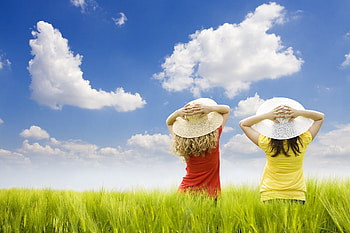 Girls, Grass, Sky, Children, Miscellanea, Miscellaneous, Field, Hats, Air HD wallpaper