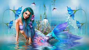 Blue Siren, blue, mermaid, digital, art, fantasy, girl, siren, woman HD wallpaper