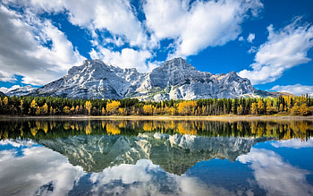 Mountain Lake, clouds, trees, autumn, sky, water, reflections HD wallpaper
