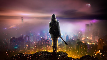 Girl With Guitar Watching City From Top, girl, guitar, artist, artwork, digital-art, graphy, hop, city HD wallpaper