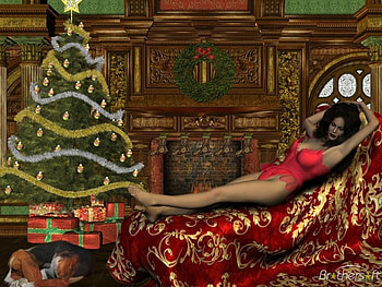 Christmas Tree, dog, lady, abstract, fantasy, gifts, tree, wreath HD wallpaper