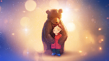 A Girl And Her Gentle Bear, girl, bear, artist, art, digital-art, artwork, artstation HD wallpaper