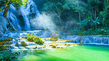 Kuang Si Waterfall, Luang Prabang, Laos, trees, cascades, river, rocks HD wallpaper