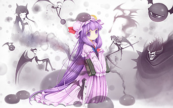 Patchouli Knowledge, wings, horns, purple hair, cute, kawai, girl, long hair, anime girl, scythe, anime, 10m, weapon, touhou, dragon, hat HD wallpaper