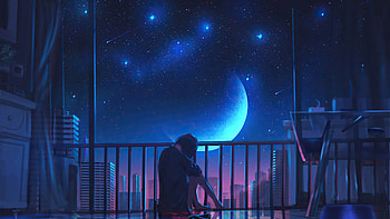 Spending Night In Apartment, alone, balcony, artist, artwork, digital-art, pixiv HD wallpaper