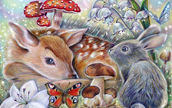 Deer and bunny in the grass, flowers, butterfly, art, mushroom HD wallpaper