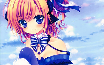 Smile, orange hair, awesome, cute, long hair, dress, beauty, nice, game, hat, female, sweet, magic, blue eyes, horns, ribbon, girl, beautiful, demon, anime girl, anime, fantasy, pretty, lights, cool, clouds, sky, gane, blush HD wallpaper