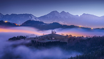 A Mountain Church At Sunrise, mountains, mountain, trees, tree, snow, mist, clouds, nature, sky HD wallpaper