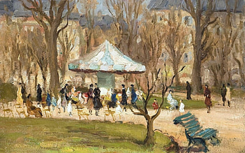 In the park by pictura Marcel Dyf, bench, art, people, tree, park, marcel dyf, caroussel, painting, autumn HD wallpaper