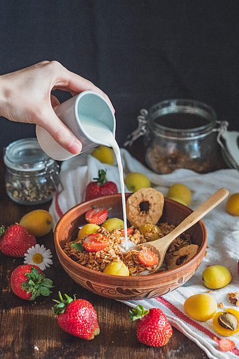 Fruits, Food, Strawberry, Hand, Breakfast, Milk HD phone wallpaper