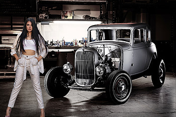 Kristina Romanova Posing with a Hot Rod, model, hot rod, garage, brunette HD wallpaper