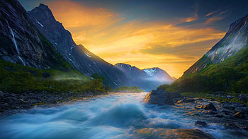 Romsdalen, Norway, colors, sky, mountains, stream, landscape HD wallpaper