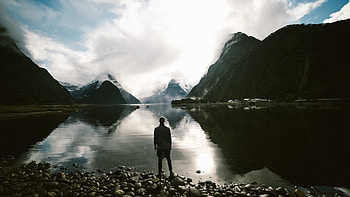 Nature, Stones, Mountains, Lake, Human, Person, Loneliness HD wallpaper