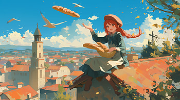 Bread Freshness: Scenic Baguette-Toting Girl -, baguette, girl, cityscape, bakery, bread HD wallpaper